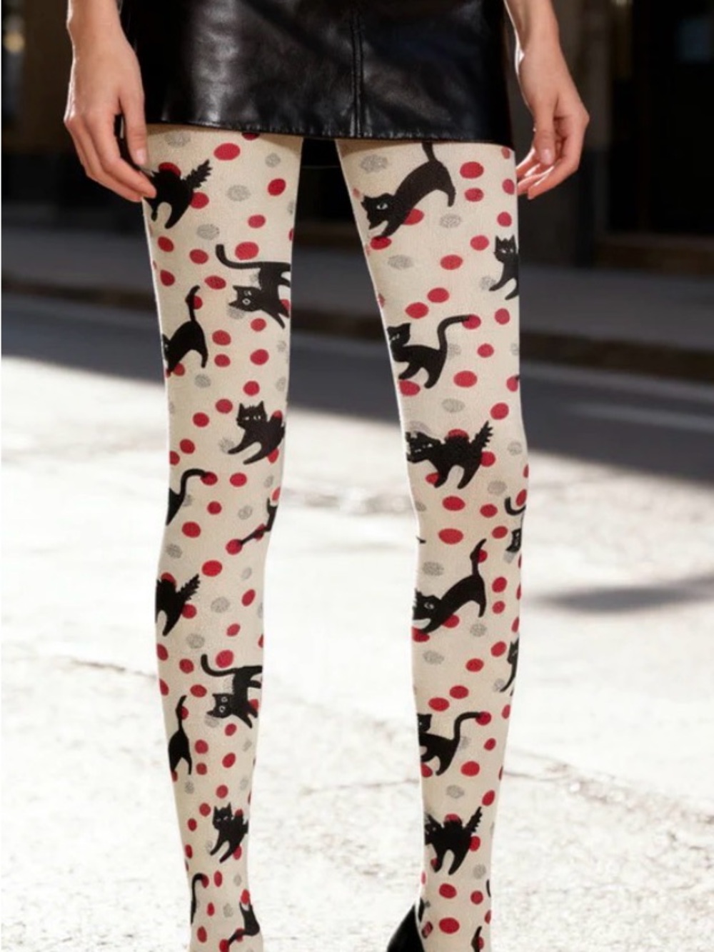 Viken Whimsical Black Cat Polka Dot Tights